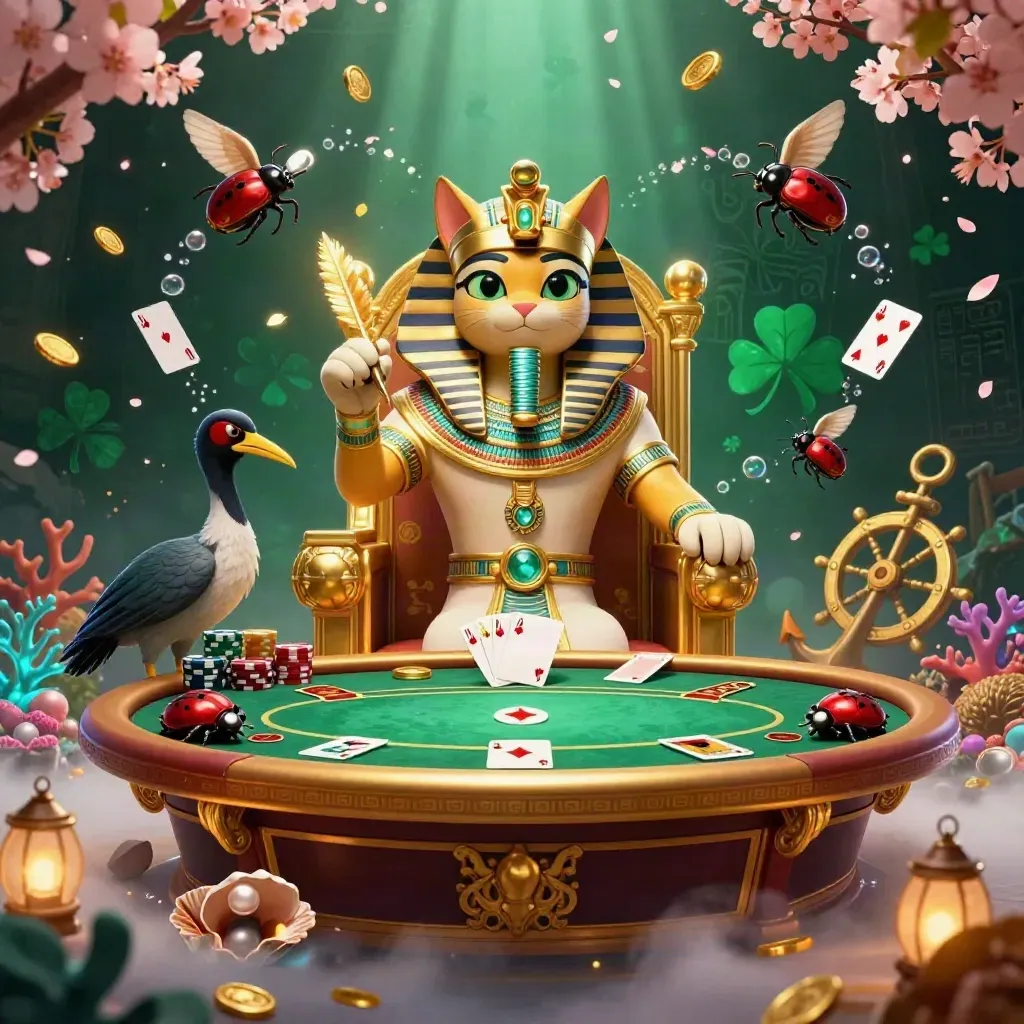 Pharaoh cat on a golden throne with ibis scribe, scarab beetles, poker hand, treasure, and chips