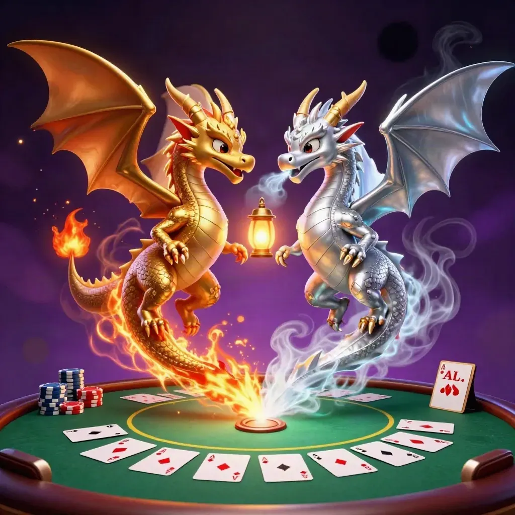 Gold and silver dragons spiral over poker table, chips, aces, and a glowing lantern spirit.