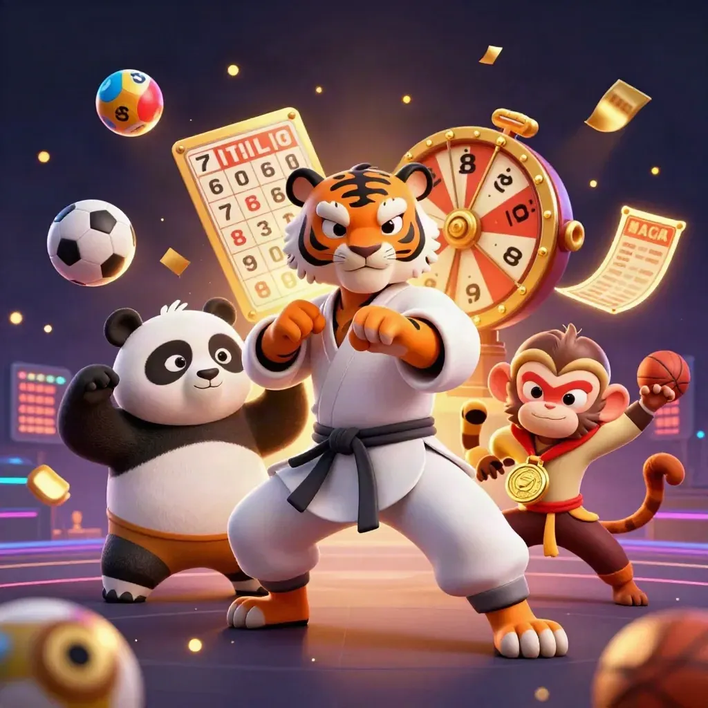 Kung-fu tiger, panda, and monkey amid casino and sports icons in neon key art.