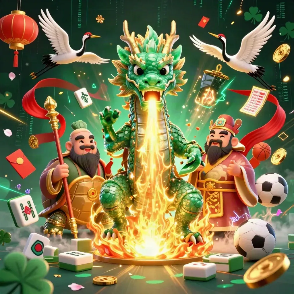 Jade dragon, turtle sage, and cranes amid casino charms in a dark emerald glow.