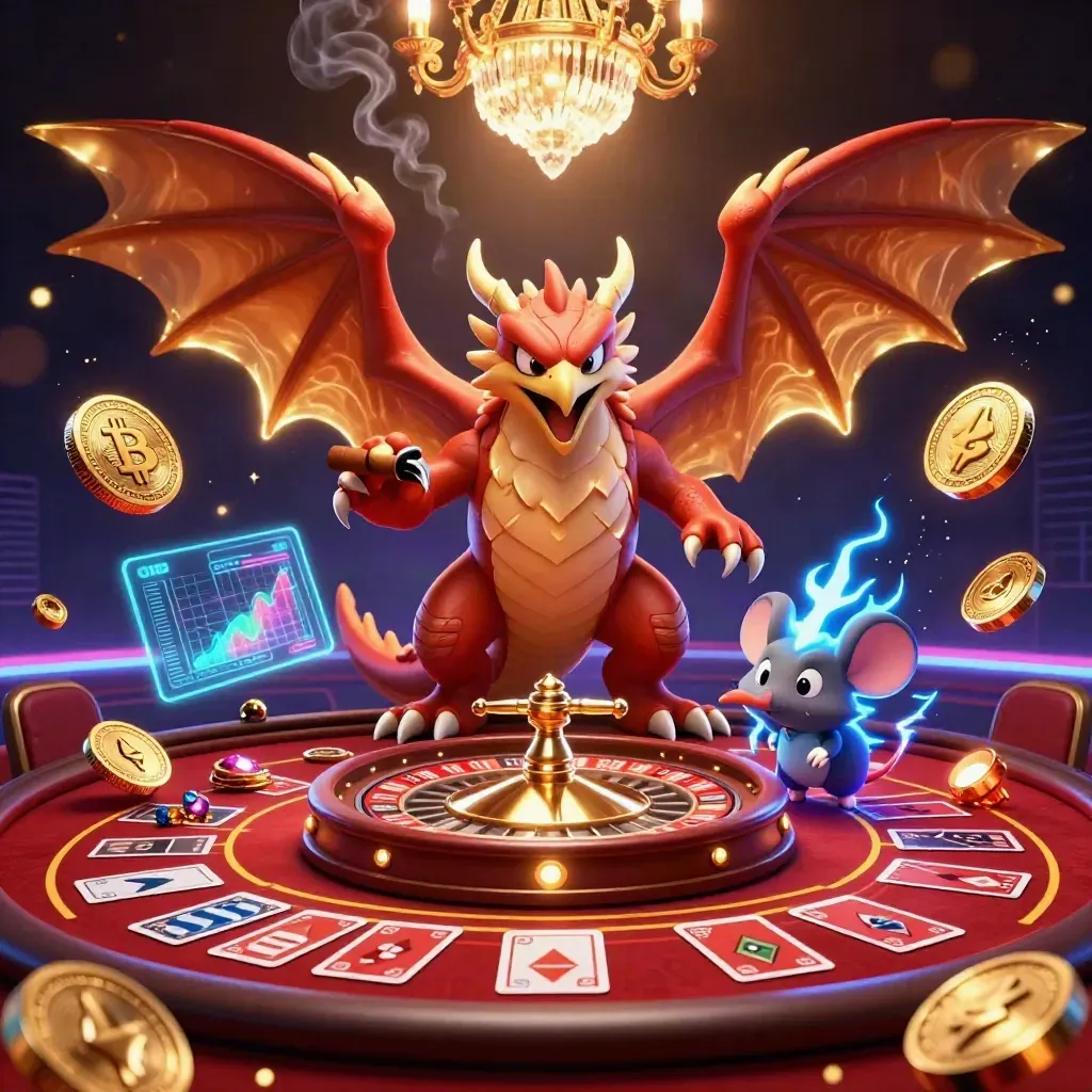 Thunder dragon, hawk and mouse amid casino neon, roulette wheel and gold light.
