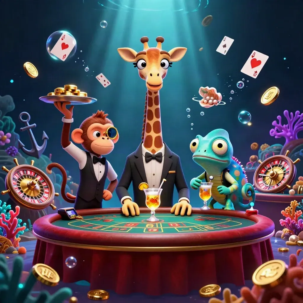 Giraffe, monkey, and chameleon in a glowing underwater casino treasure scene.