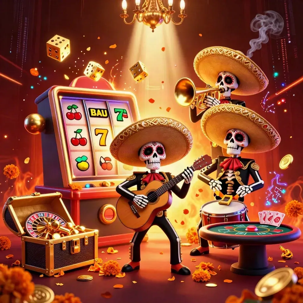 Skeleton mariachi trio amid slot bursts, gold, dice, and a glowing casino under crimson light.