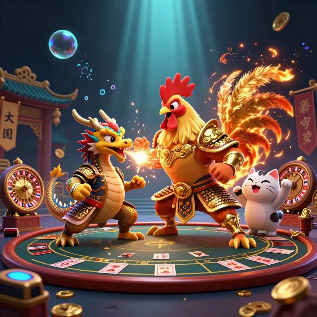 Rooster samurai, dragon hatchling, and cheering fortune-cat in a luxe casino-fantasy scene