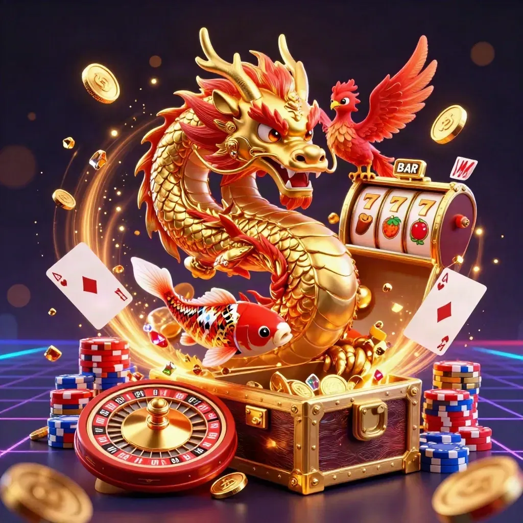 Golden dragon, phoenix and koi bursting with coins, chips and cards in a luxury casino splash.