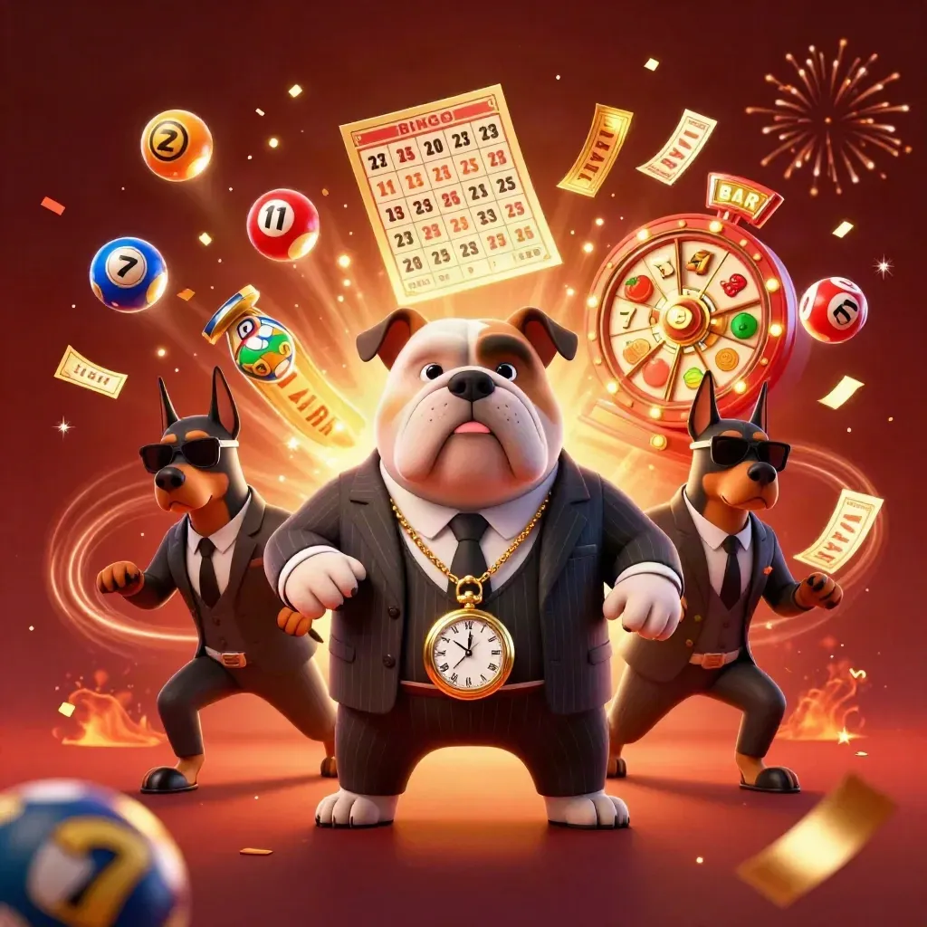 Bulldog mob boss and two Dobermans amid casino bursts, gold tickets and glowing effects.