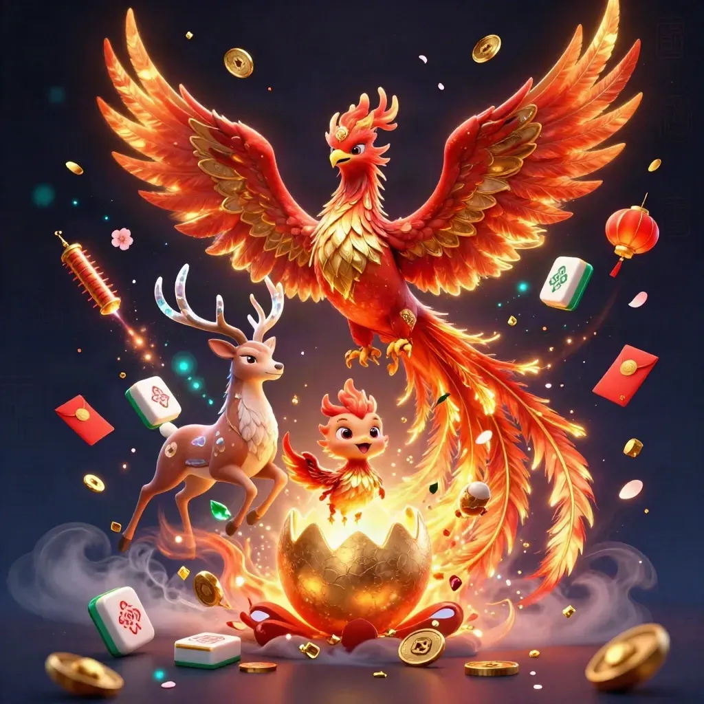 Phoenix, hatching chick, and crystal-antler stag amid coins, lanterns, petals, and glowing magic.