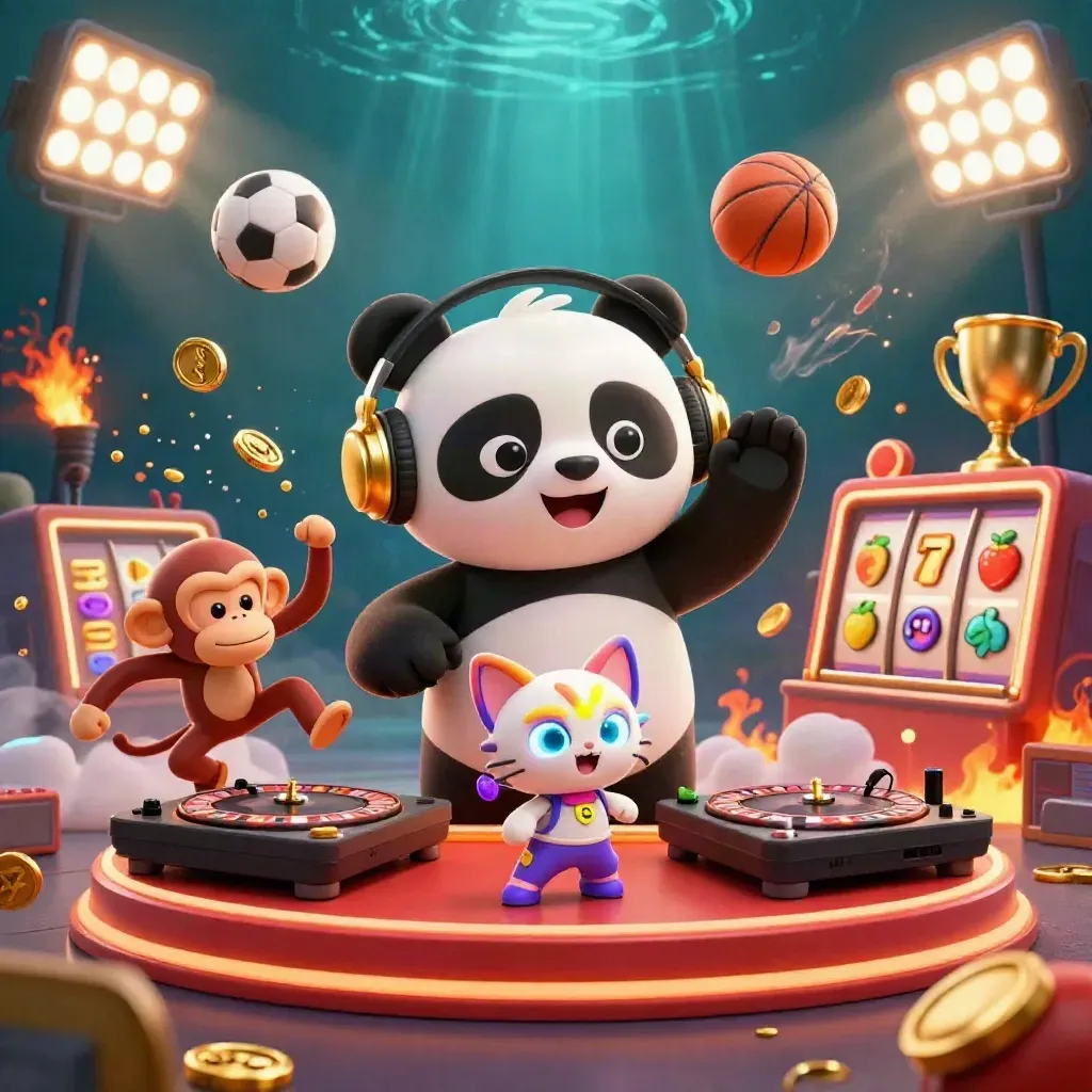 Panda DJ, breakdancing monkey, and glow-stick kitten in a gold casino rave underwater.