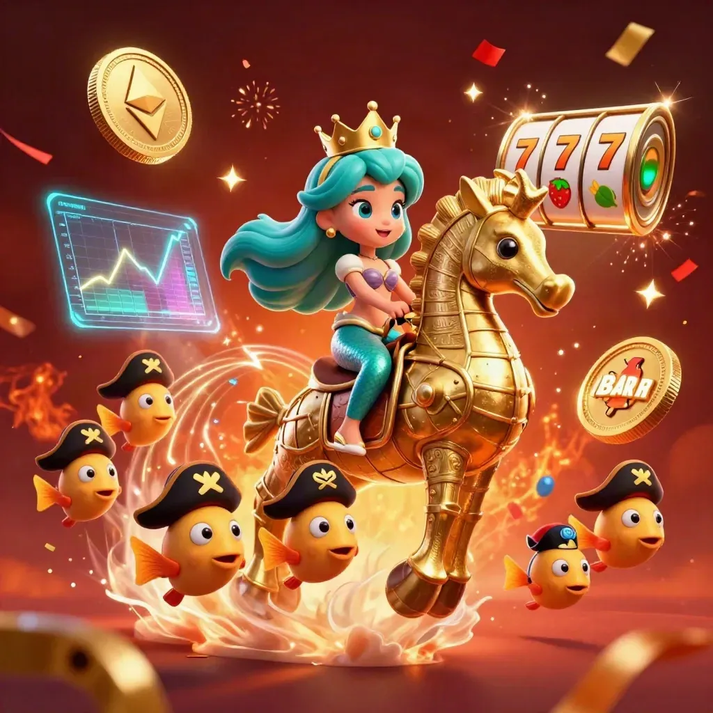 Mermaid princess on armored seahorse with pirate fish, crypto coins and casino effects in red-gold glow.