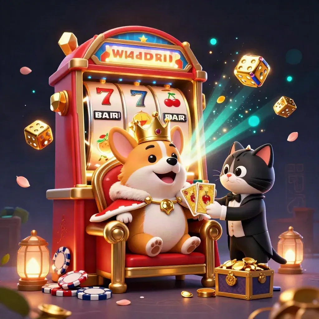 Crowned corgi king and cat butler amid exploding slot magic, gold, dice, and cyan glow.