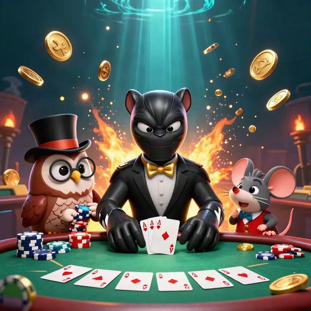 Panther, owl, and mouse at a burst of poker riches with coins, chips, and fireworks