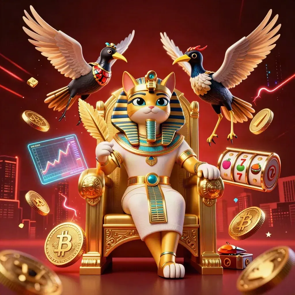 Pharaoh cat on golden throne with ibis scribe, scarab beetles and casino symbols in a red-black glow