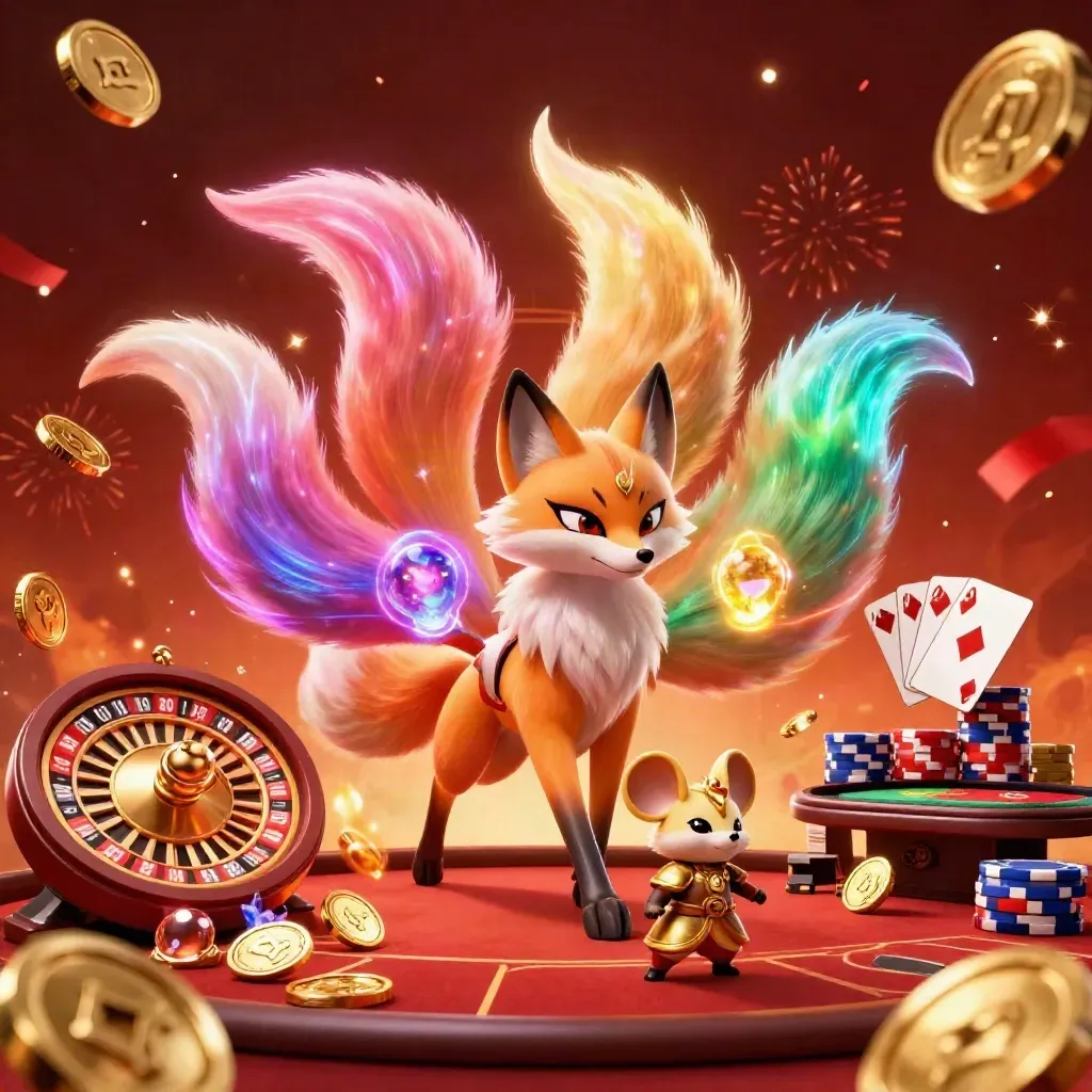 Nine-tailed fox spirit and armoured mouse amid coins, chips, roulette wheel, and fireworks