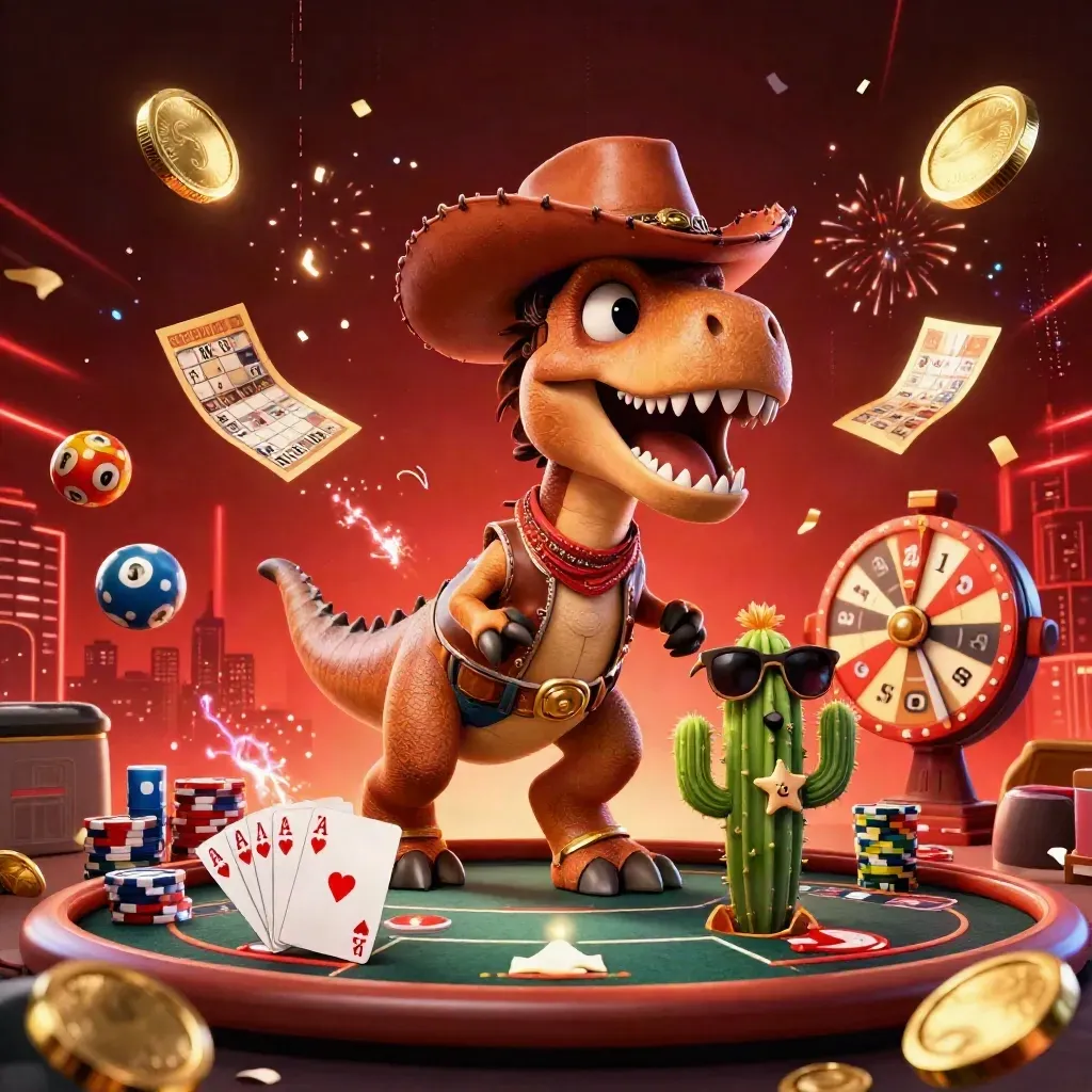 Cowboy T-Rex, cactus sidekick and roadrunner amid vault burst, coins, poker chips and fireworks.