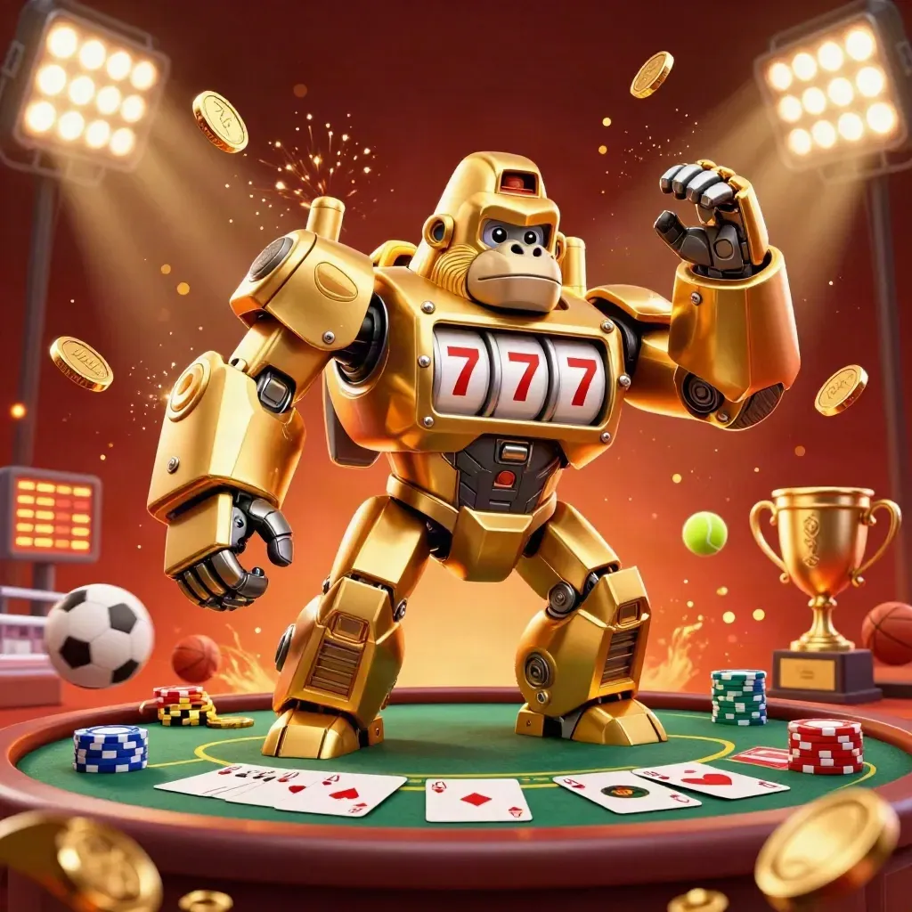 Golden gorilla mech and monkey pilot erupting with coins, poker chips, trophy and fireworks.