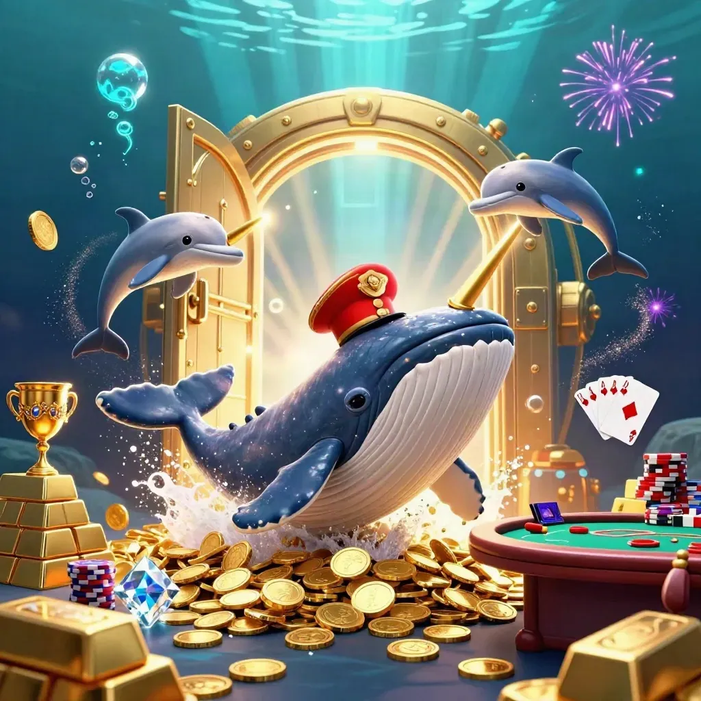 Whale captain, narwhal, and dolphins burst from a coin vault in a neon underwater poker scene.