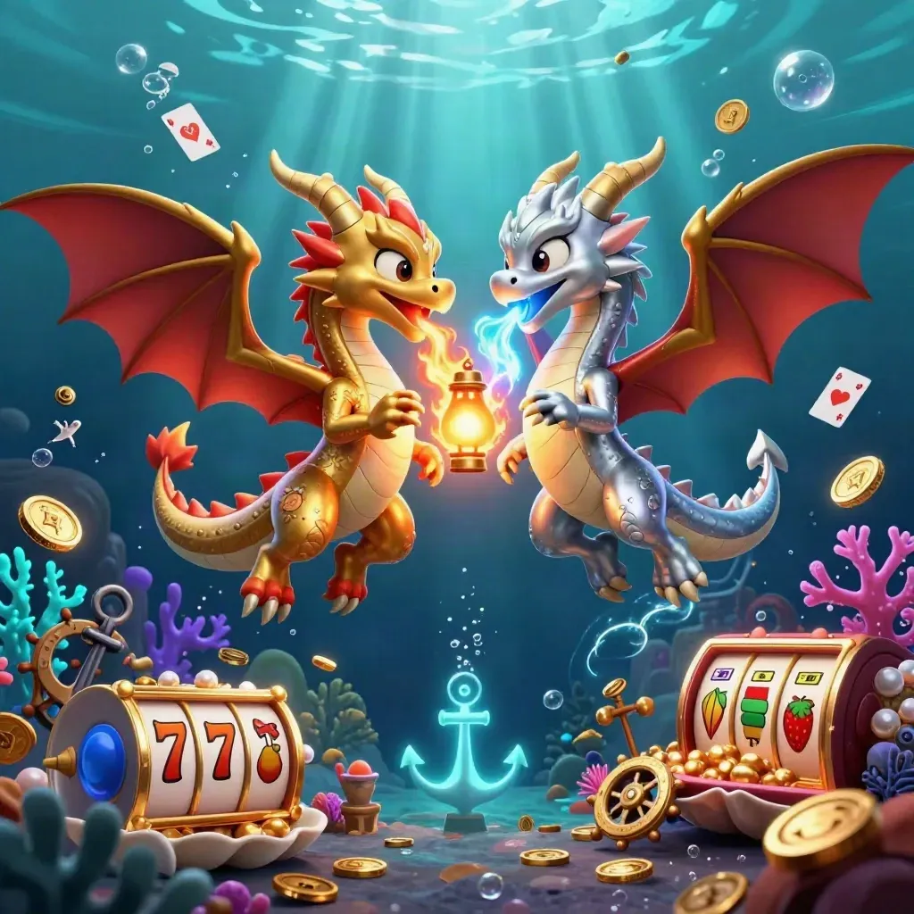 Gold and silver dragons in yin-yang flight over an underwater treasure cove with cards, reels and bubbles.