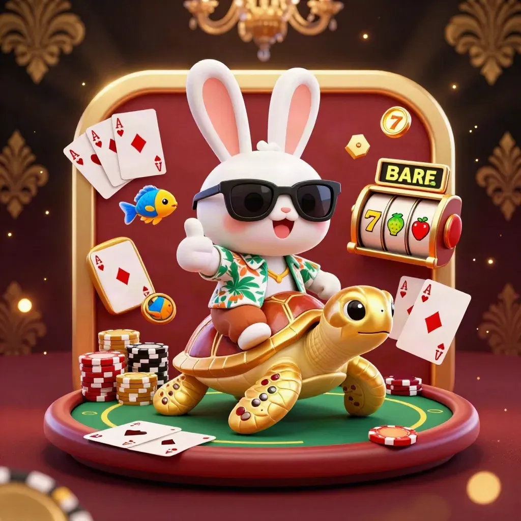 Lucky rabbit rides a gold sea turtle amid poker chips, cards, and casino sparkle