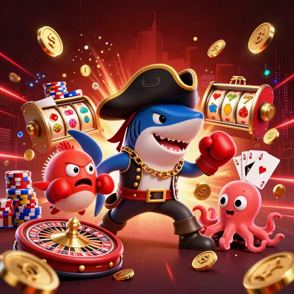 Pirate shark, boxing pufferfish, and coin-juggling octopus amid casino effects.