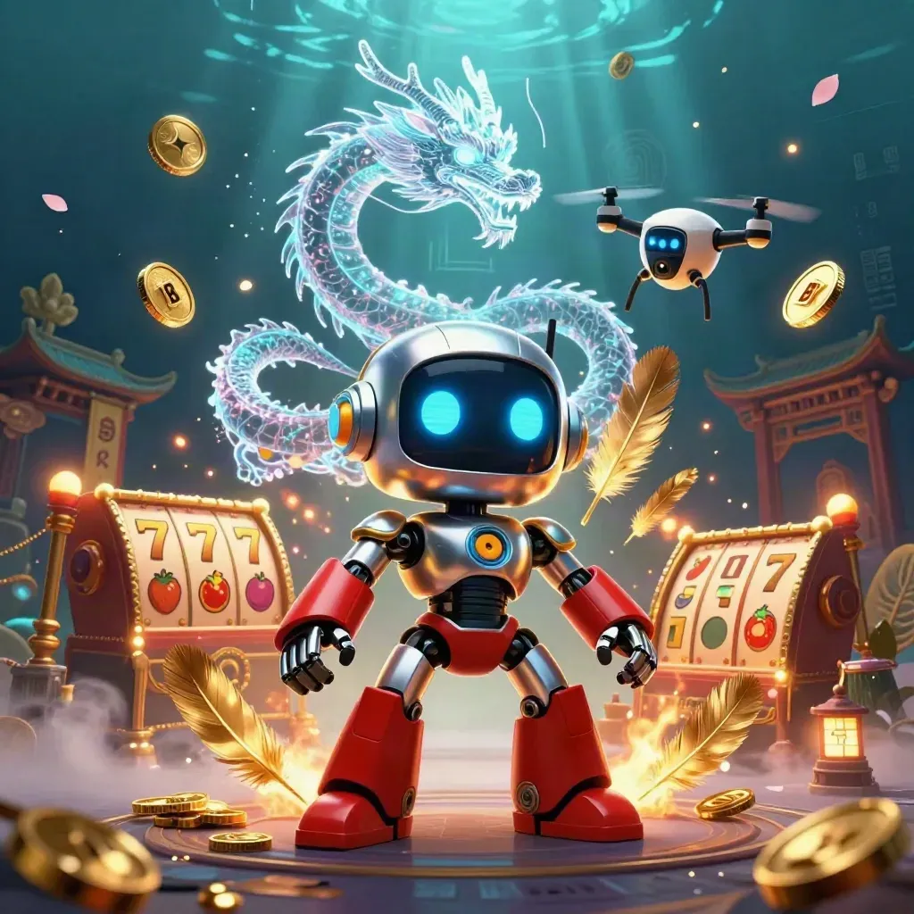 Cyberpunk robot, holographic dragon and coin drone amid gold, coins and temple light.