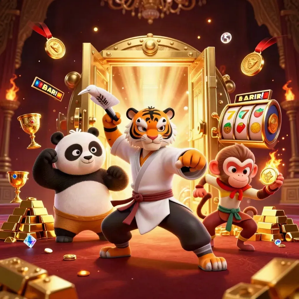 Kung-fu tiger, panda, and monkey amid a vault blast, gold, gems, and casino reels