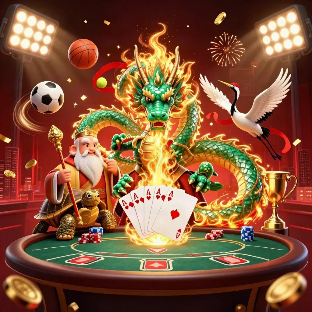 Jade dragon, turtle sage and cranes amid poker chips, coins and golden effects