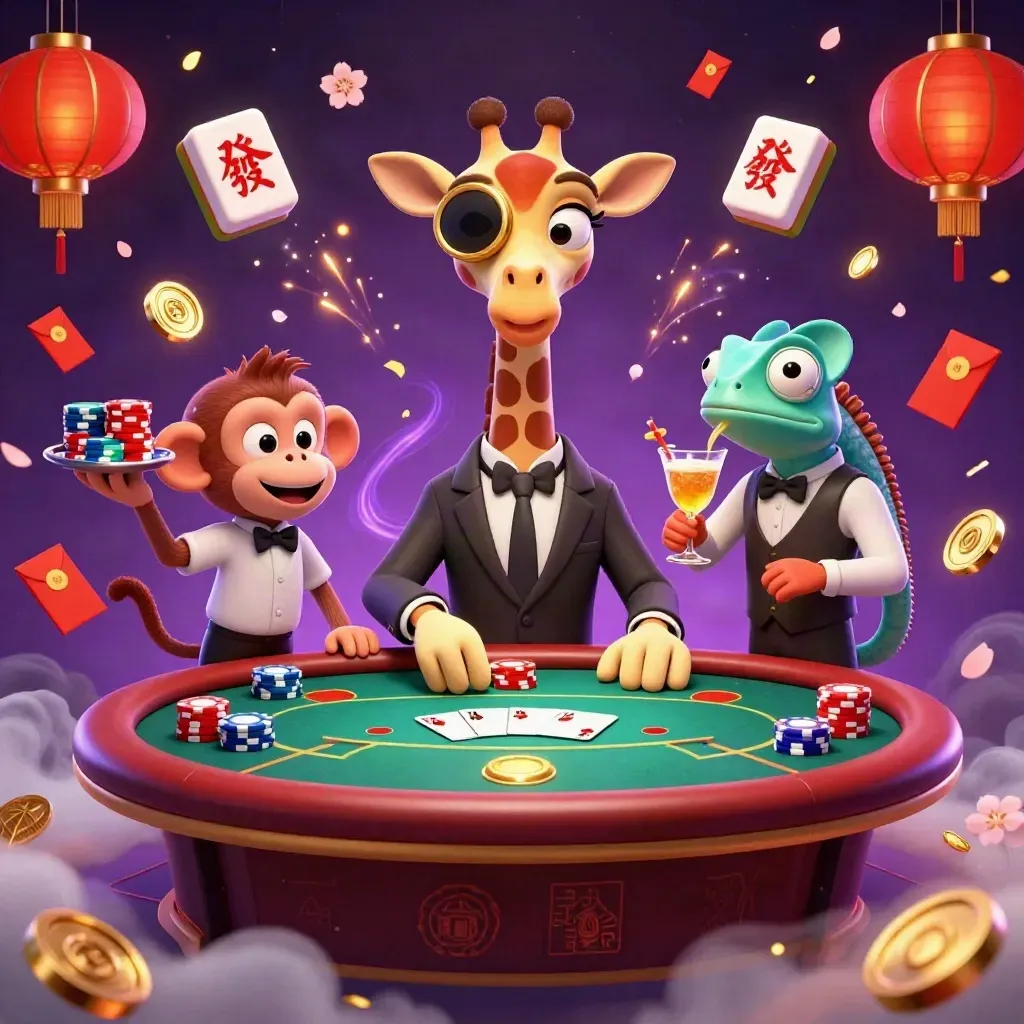 Giraffe, monkey, and chameleon at a glowing poker table amid casino magic.