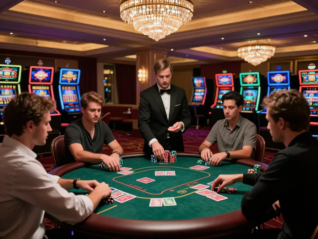 keo nha cai players engaging in a high-stakes poker game in a luxurious casino setting