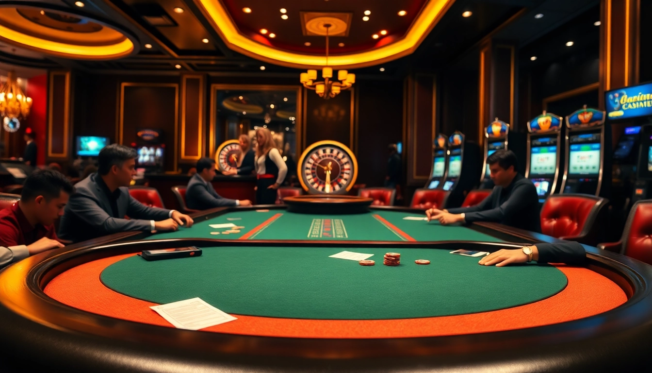Engaging poker game showcasing tỷ lệ nhà cái elements in a vibrant casino setting.