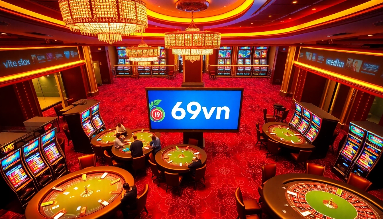 Engaging players at 69vn's luxurious casino tables, featuring slot machines and poker games in action.