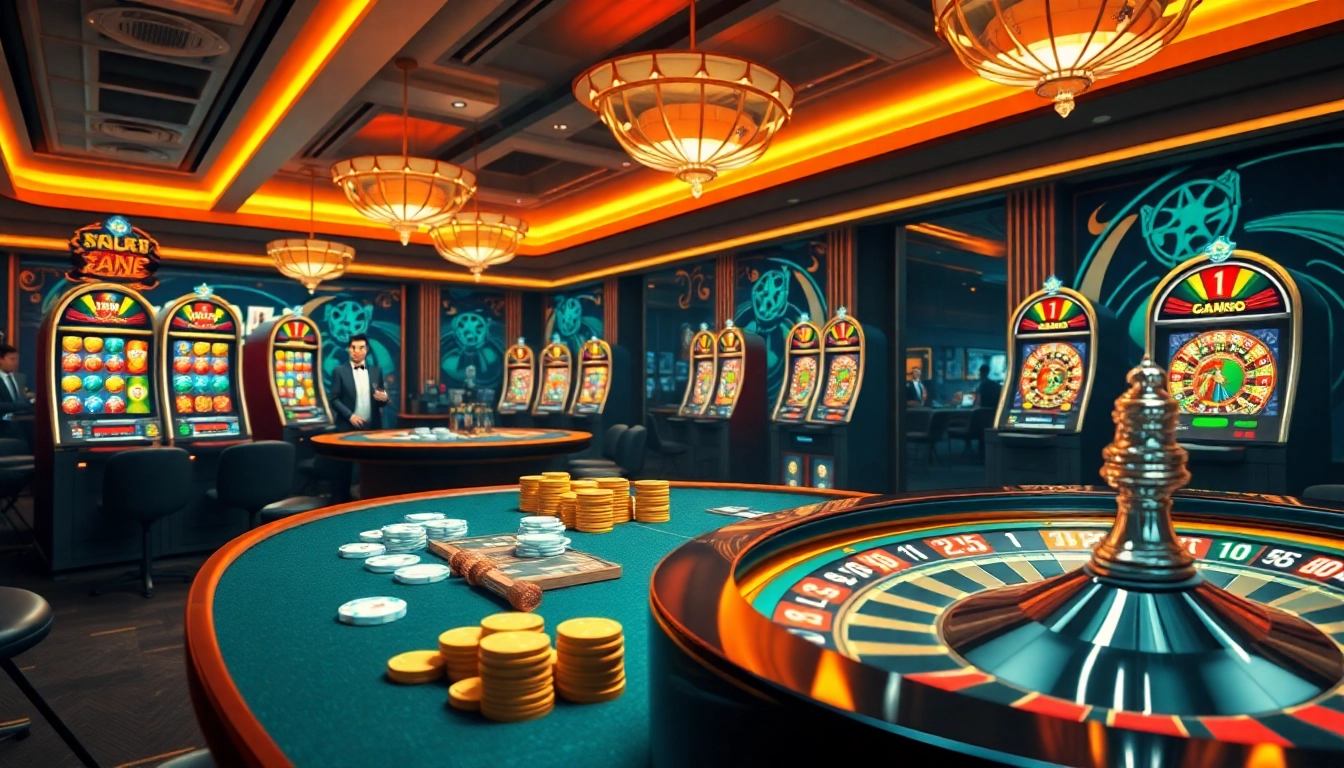 Experience the excitement of online gaming with nk88 com's vibrant casino atmosphere featuring poker tables and slot machines.