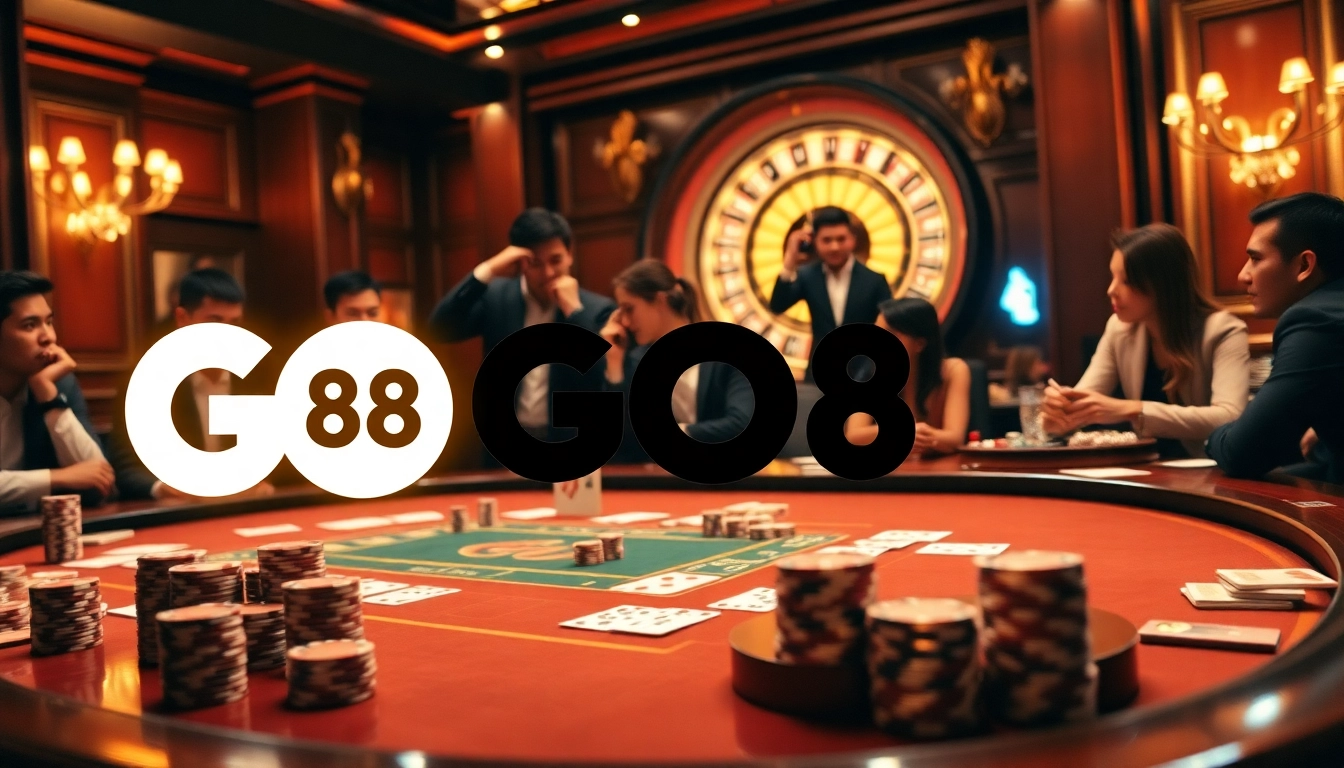 Players enjoying high-stakes games at a luxurious GO88 casino table, filled with excitement.