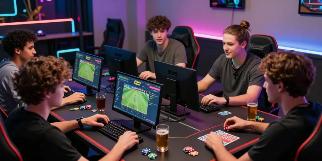 Group playing games and strategizing together with sports betting content on 11bet.com in a vibrant setting.