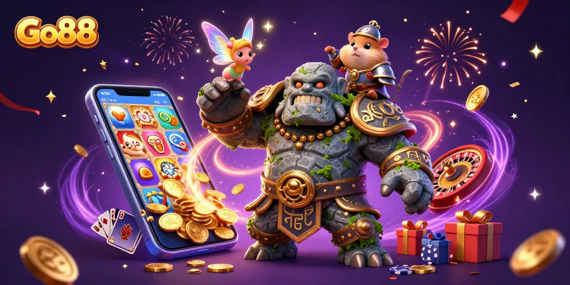 Experience the magical features of Go88 as you play diverse casino games with a vibrant illustration.