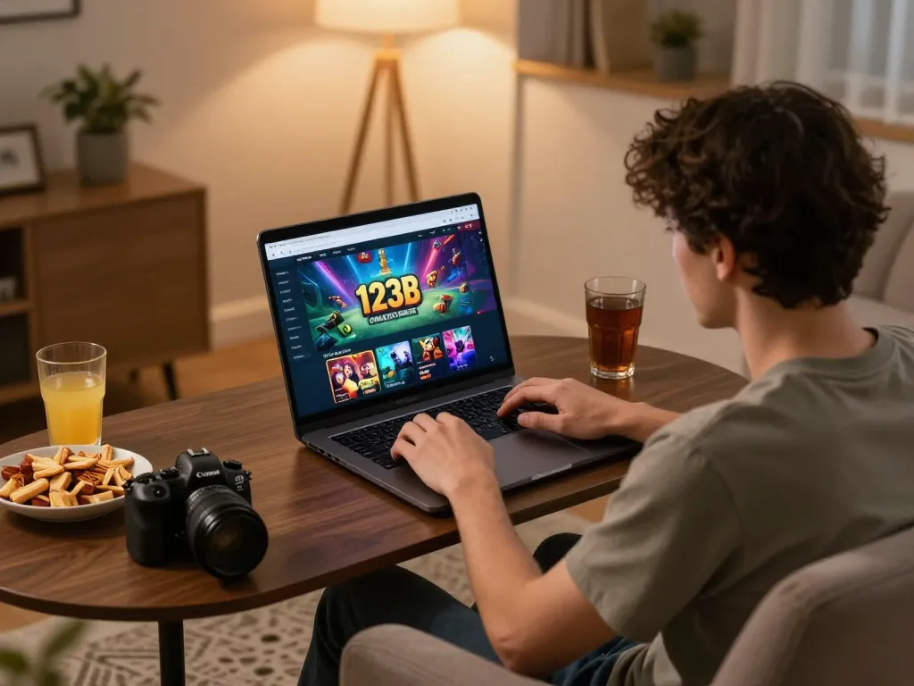 Engaging in online gaming at 123B, user interacting with vibrant game interfaces from a cozy home setup