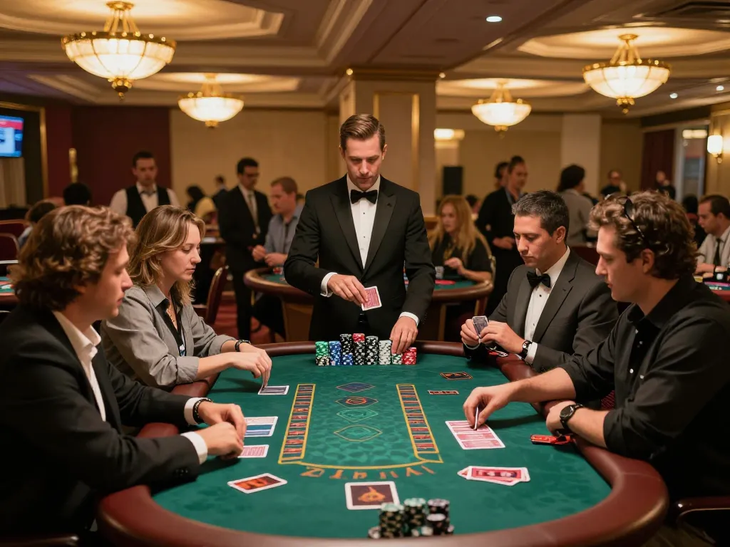 Tin88 players engaging in competitive blackjack gameplay with focused expressions and stylish decor.