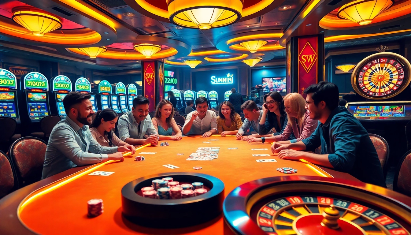 Players enjoying a thrilling card game at Sunwin casino table with vibrant chips and cards.