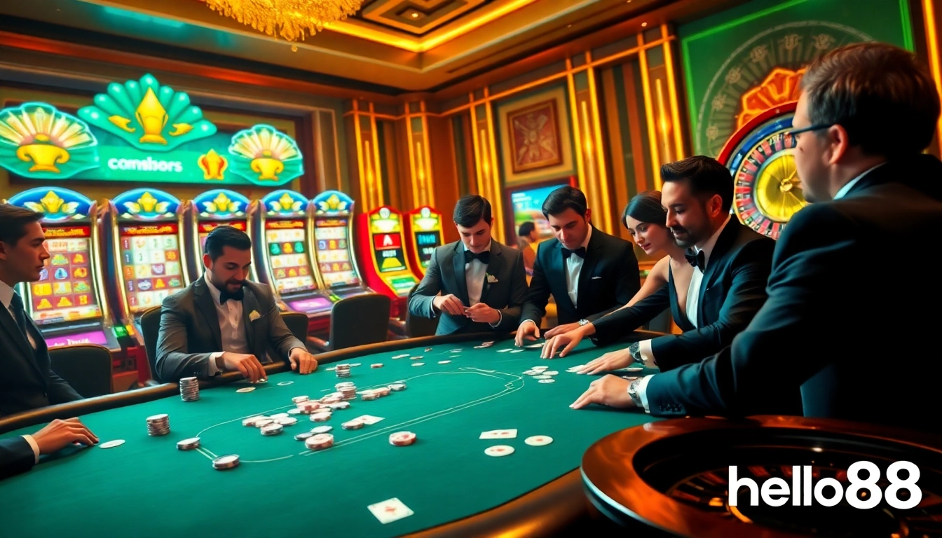 Hello88 players engaging in high-stakes poker in a vibrant casino setting.