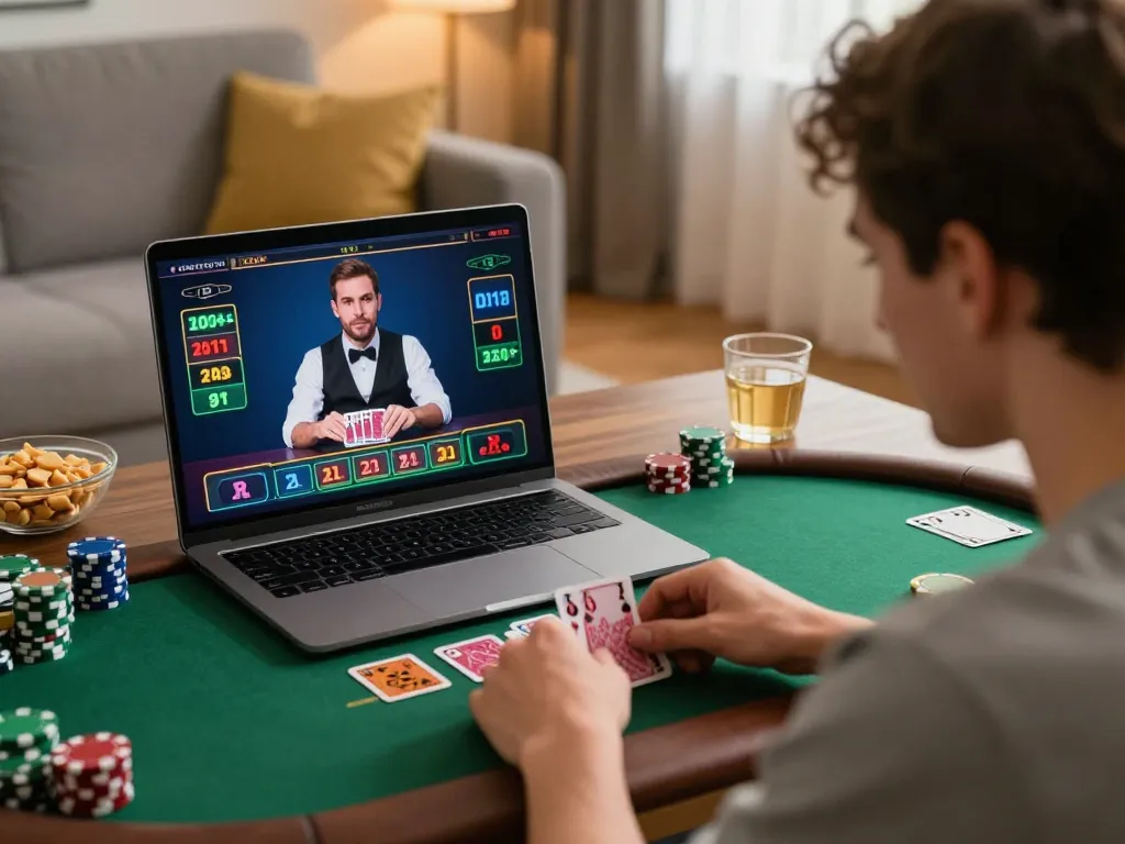 Player enjoying an exciting live dealer game on 79KING, showcasing an engaging home gaming environment