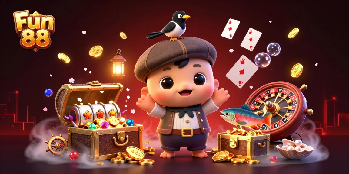 Experience thrilling Fun 88 gaming with vibrant characters amidst golden treasures and gambling excitement.