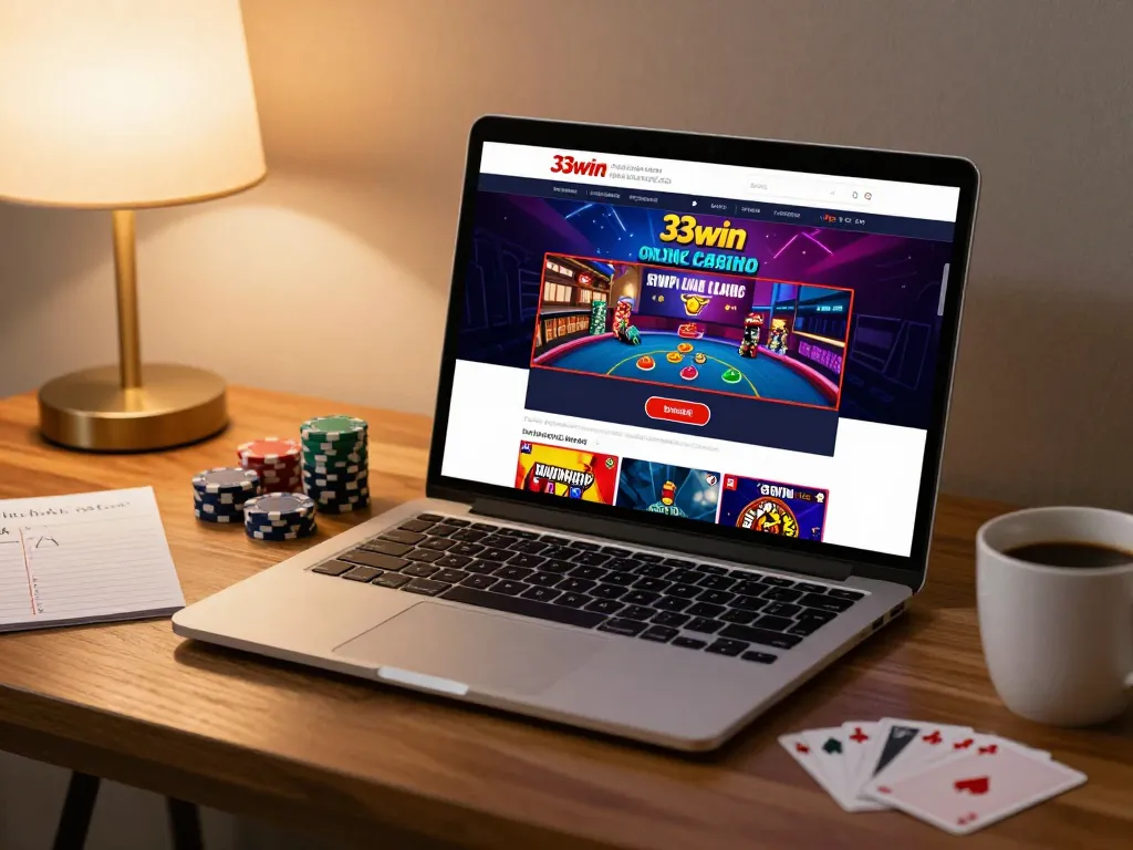 Engaging online gaming scene with 33win interface on laptop, accompanied by poker cards and strategy notes.