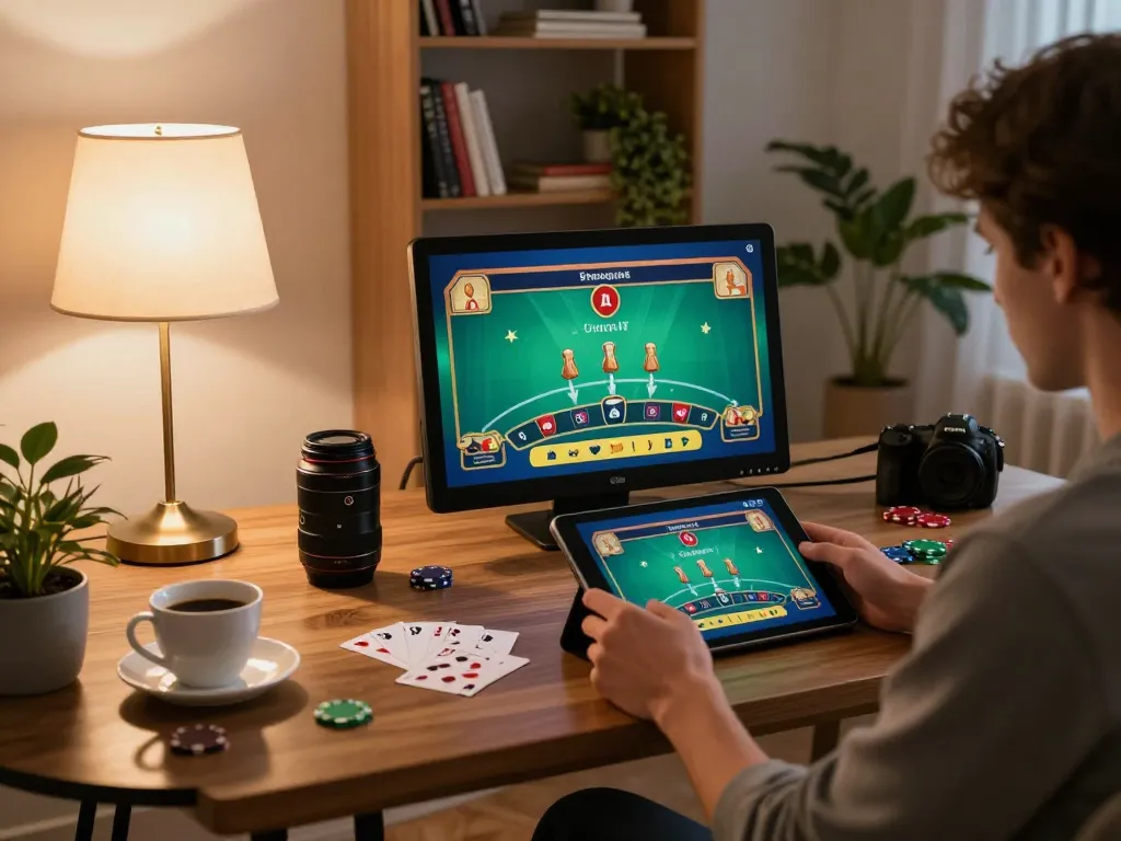Player enjoying mu88 live dealer blackjack on tablet at home, showcasing strategic notes and cozy atmosphere.