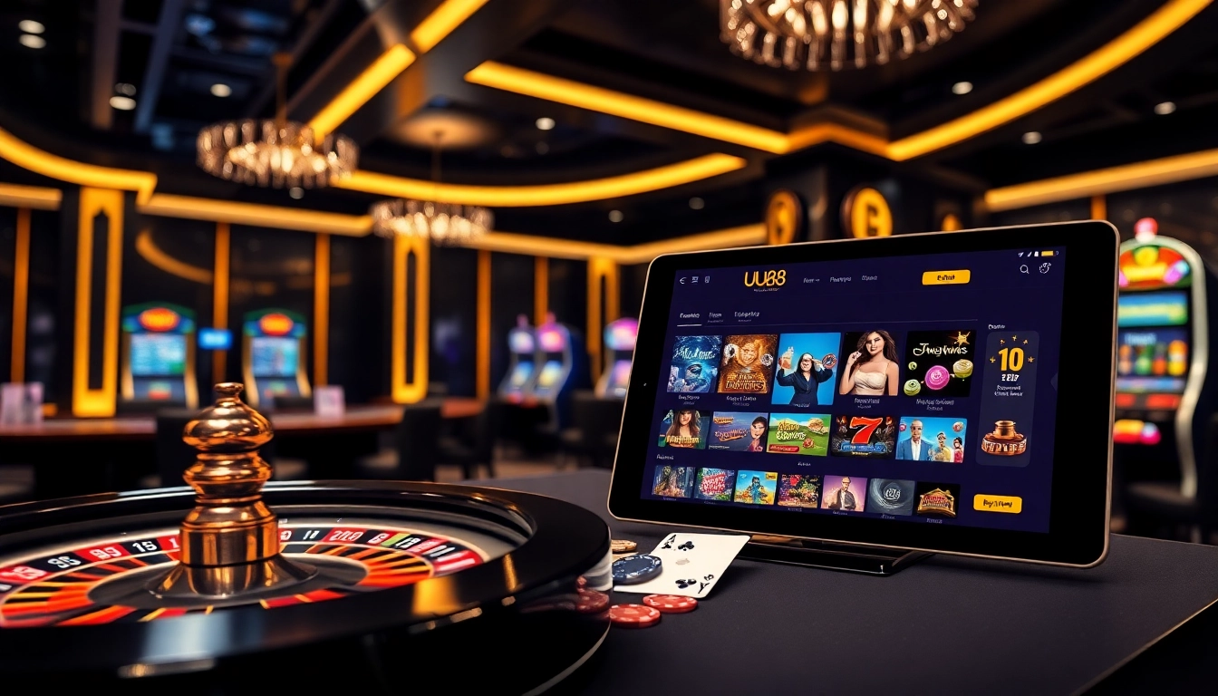 Exciting table games and slots at UU88 casino, showcasing vibrant gambling elements.