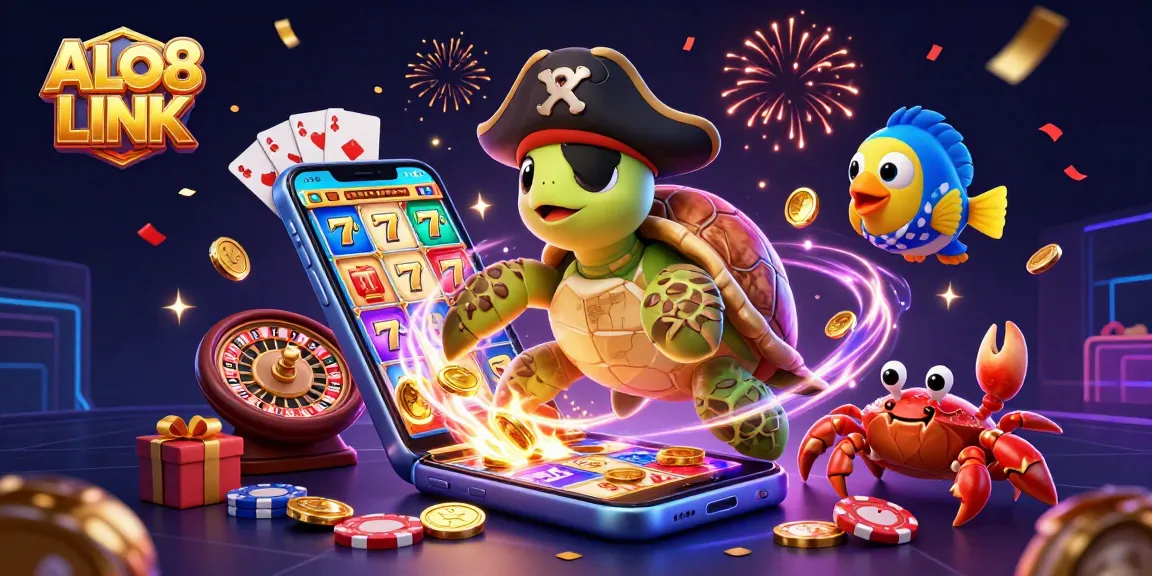 Engage with ALO8 LINK's exciting games featuring a lively turtle and treasure map amidst floating slot and gaming elements.