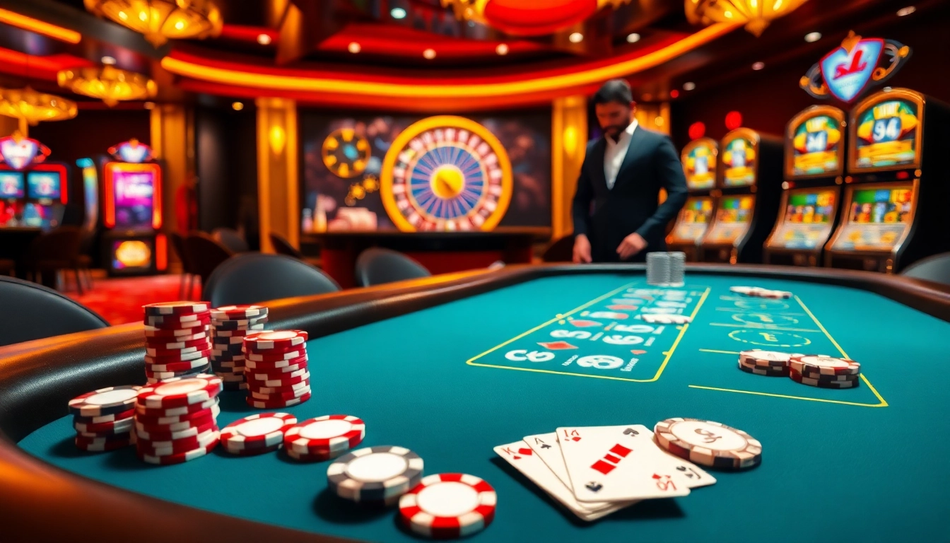 KK55 gaming table with vibrant poker chips and a spinning roulette wheel in a luxurious casino setting