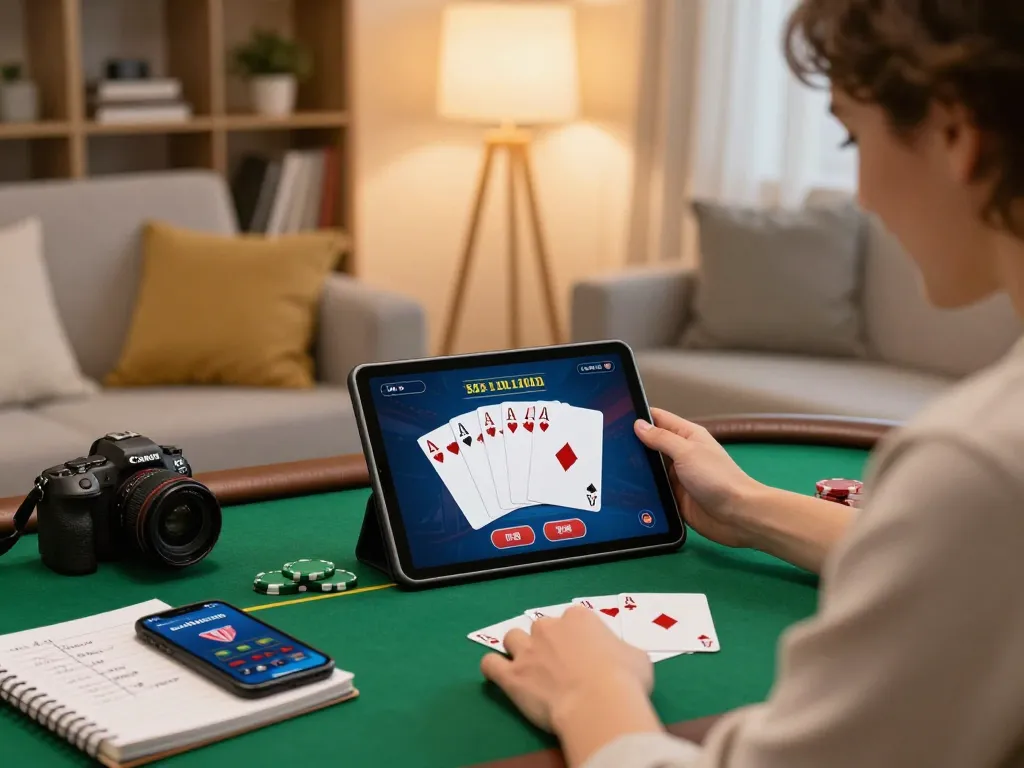 An engaged player enjoying poker online at https://lc88.jpn.com/ in a cozy home setting, emphasizing strategy and responsible gaming.