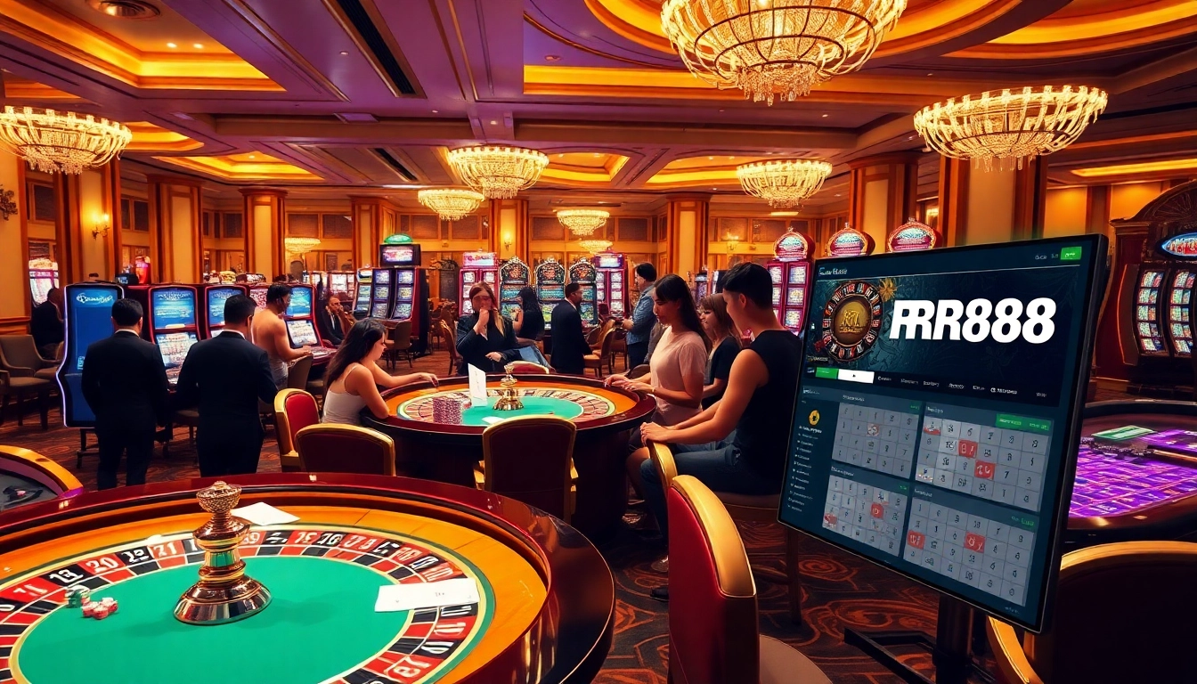 Play exciting casino games at RR88's vibrant gaming floor with roulette and slot machines.