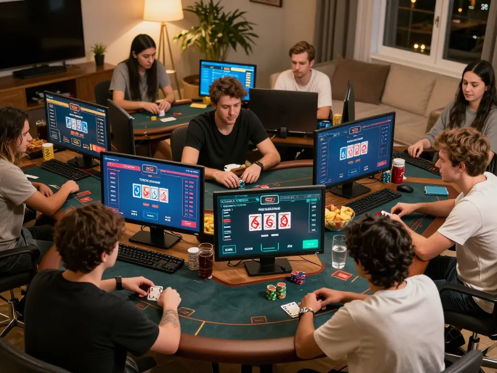 Players engage in strategic online poker game at home using sin888 platform, highlighting competitive atmosphere and cozy setups