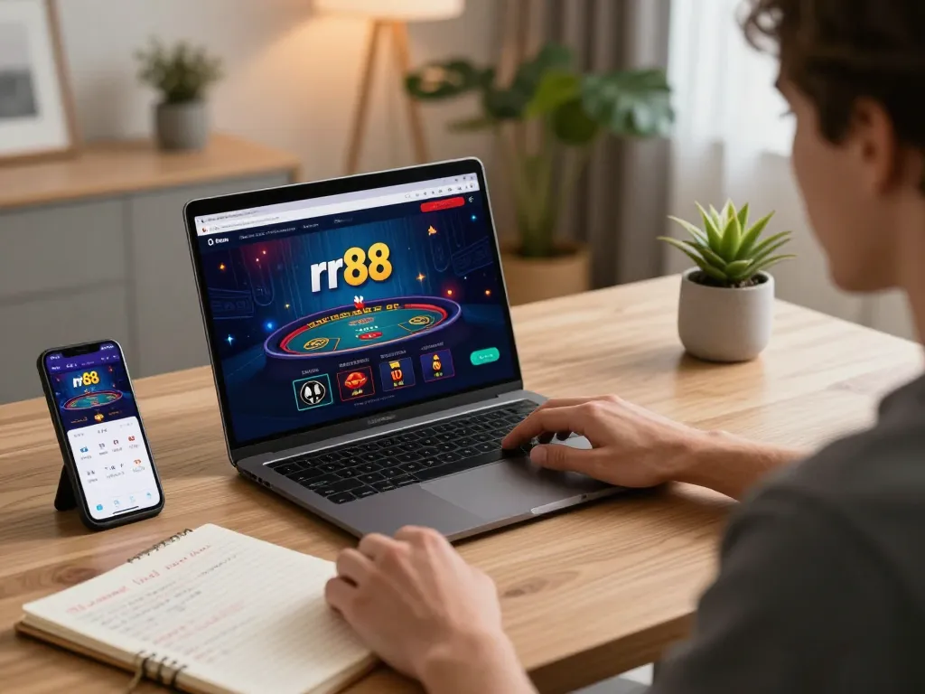 Engaging player using rr88 for online gambling at home with tablet and notebook, atmosphere warm and inviting.