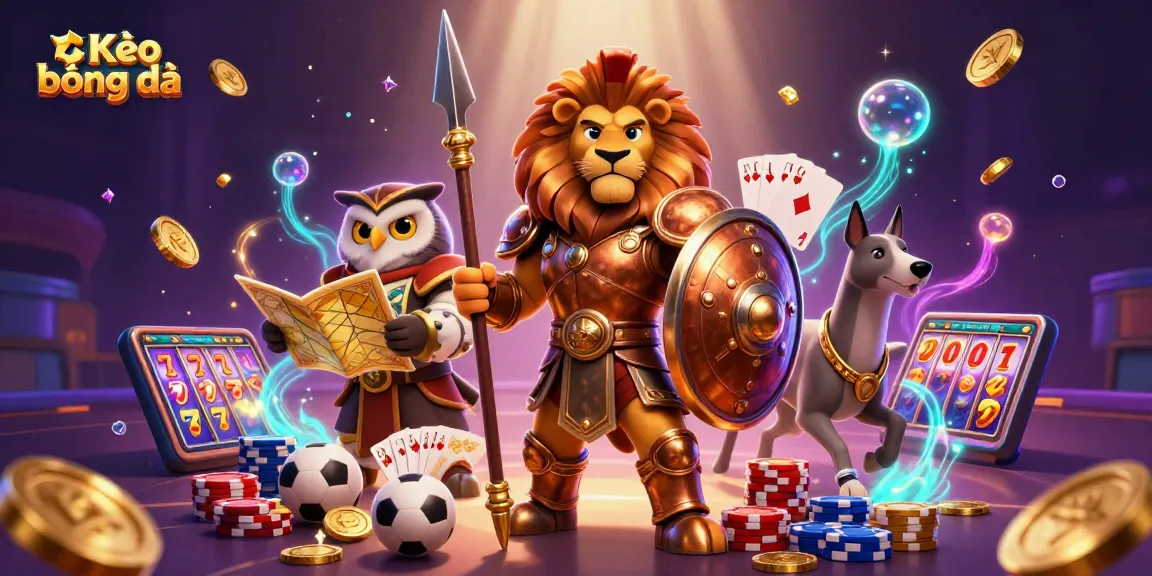 Bet on Kèo bóng đá with vibrant elements, showcasing a Spartan lion, owl strategist, and greyhound in a dynamic 3D scene.